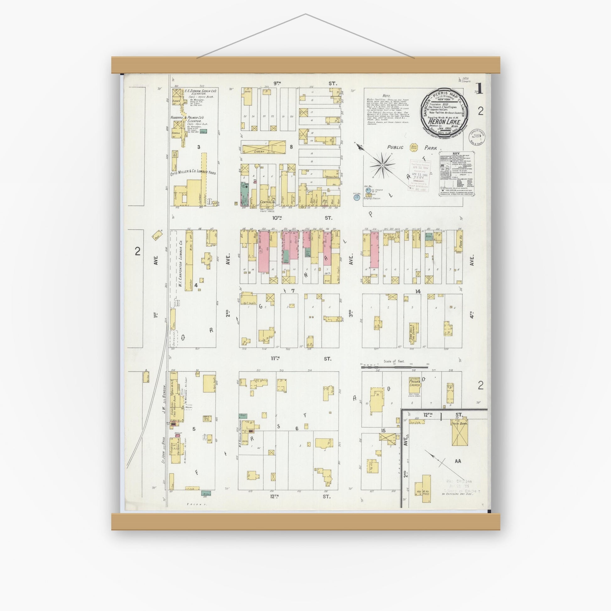 Old map wall art mockup — magnetic wood frame on white wall — Sanborn Fire Insurance Map from Heron Lake, Jackson County, Minnesota (1900), Sheet #0001