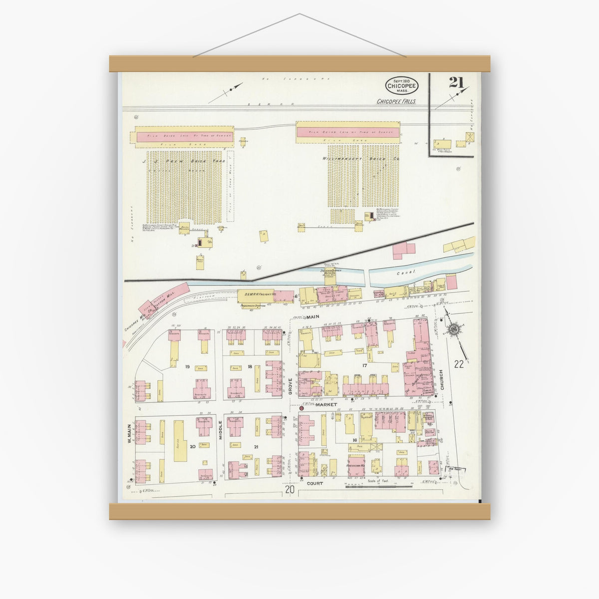 Old map wall art mockup — magnetic wood frame on white wall — Sanborn Fire Insurance Map from Chicopee, Hampden County, Massachusetts (1910), Sheet #0021