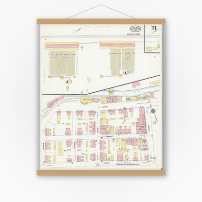 Old map wall art mockup — magnetic wood frame on white wall — Sanborn Fire Insurance Map from Chicopee, Hampden County, Massachusetts (1910), Sheet #0021