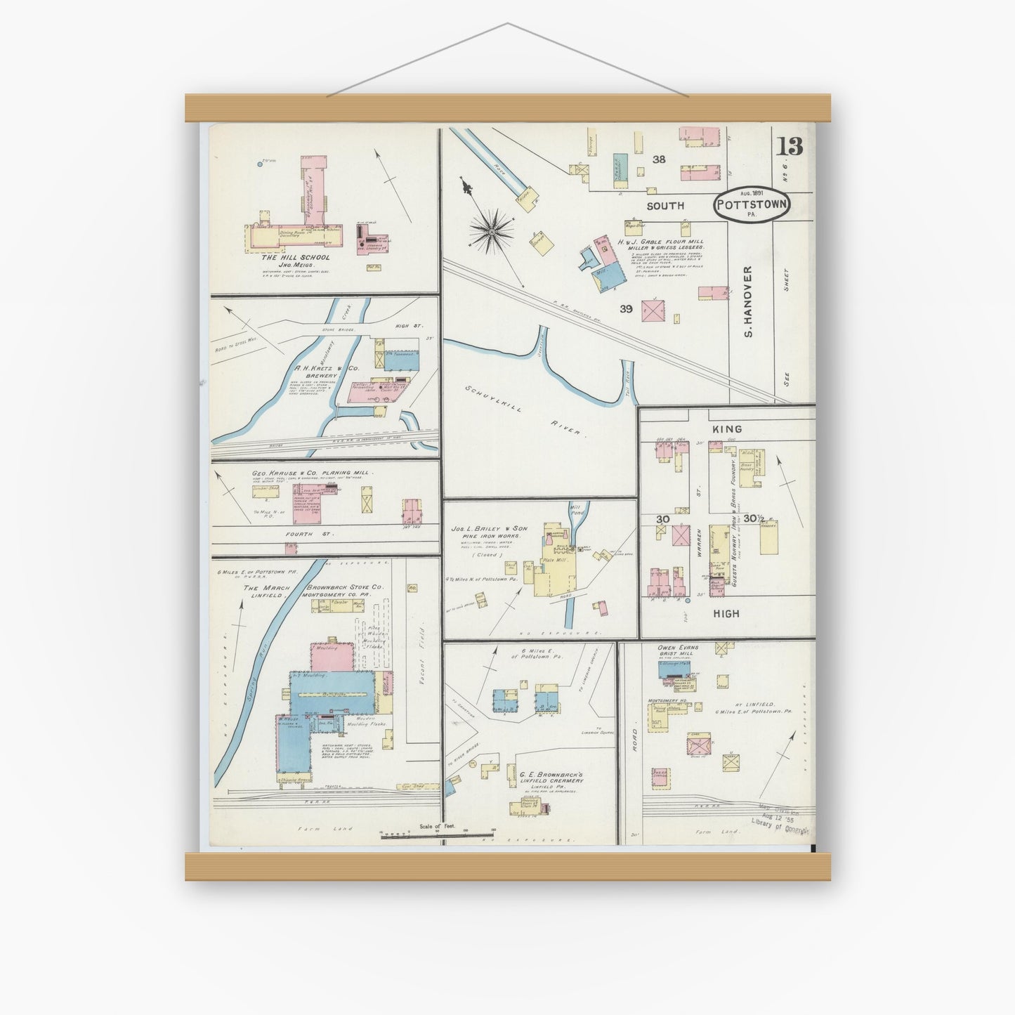 Old map wall art mockup — magnetic wood frame on white wall — Sanborn Fire Insurance Map from Pottstown, Montgomery County, Pennsylvania (1891), Sheet #0013
