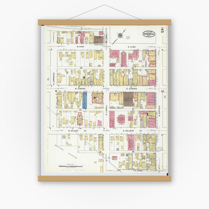 Old map wall art mockup — magnetic wood frame on white wall — Sanborn Fire Insurance Map from Ironwood, Gogebic County, Michigan (1921), Sheet #0005