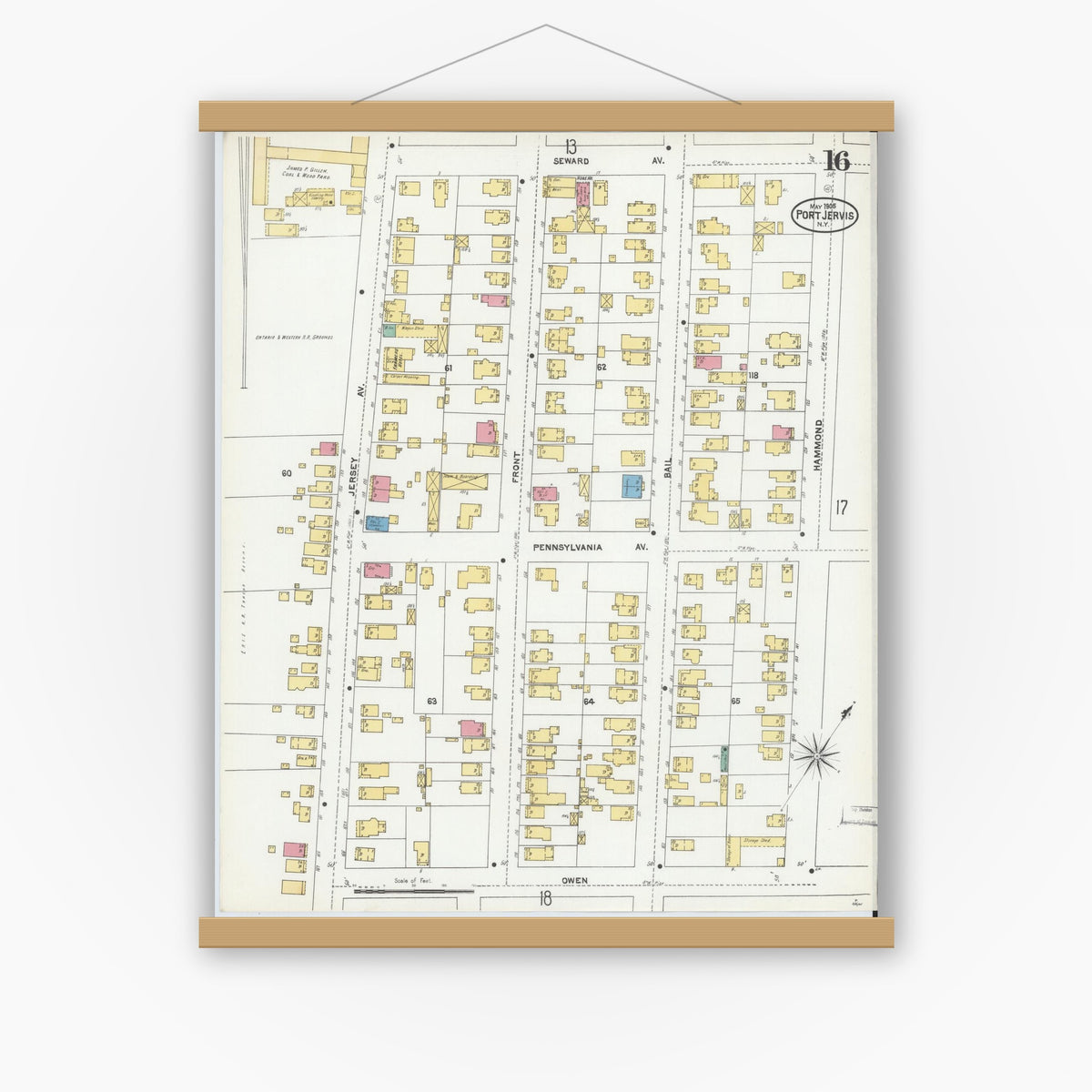 Old map wall art mockup — magnetic wood frame on white wall — Sanborn Fire Insurance Map from Port Jervis, Orange County, New York (1905), Sheet #0016