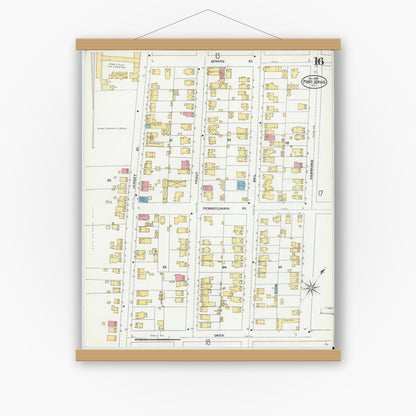 Old map wall art mockup — magnetic wood frame on white wall — Sanborn Fire Insurance Map from Port Jervis, Orange County, New York (1905), Sheet #0016