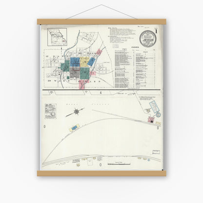Old map wall art mockup — magnetic wood frame on white wall — Sanborn Fire Insurance Map from Jackson, Cape Girardeau County, Missouri (1921) - Complete Map Set
