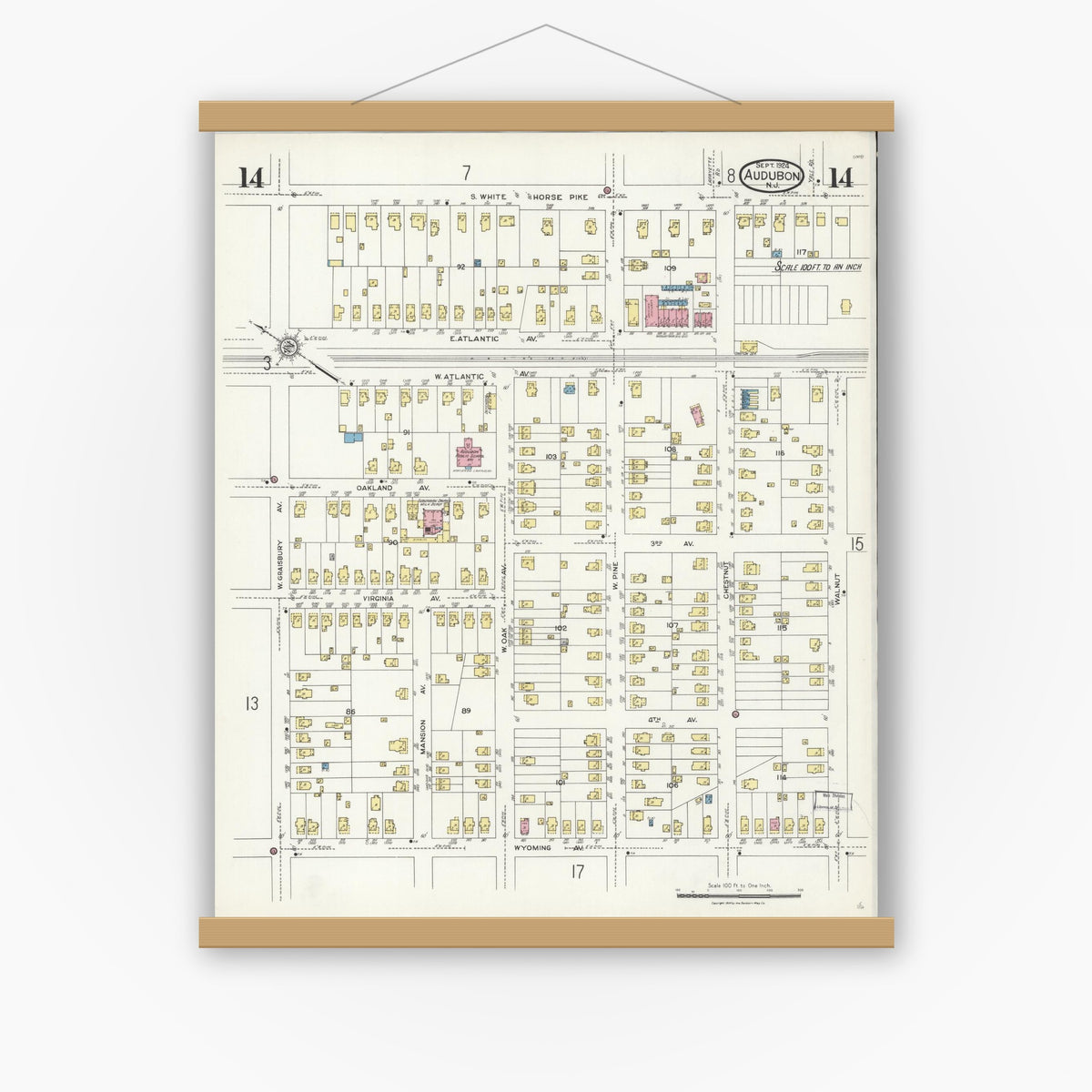 Old map wall art mockup — magnetic wood frame on white wall — Sanborn Fire Insurance Map from Audubon, Camden County, New Jersey (1924), Sheet #0014