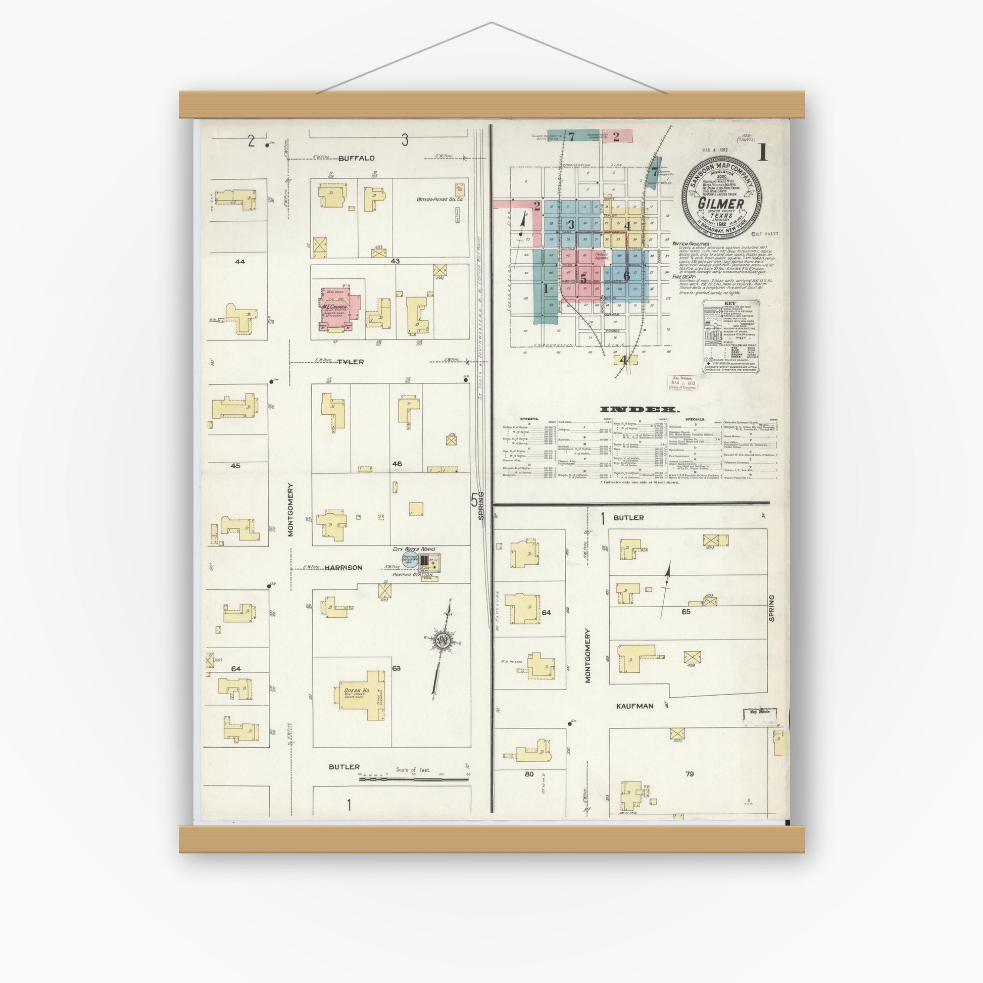 Old map wall art mockup — magnetic wood frame on white wall — Sanborn Fire Insurance Map from Gilmer, Upshur County, Texas (1912) - Complete Map Set