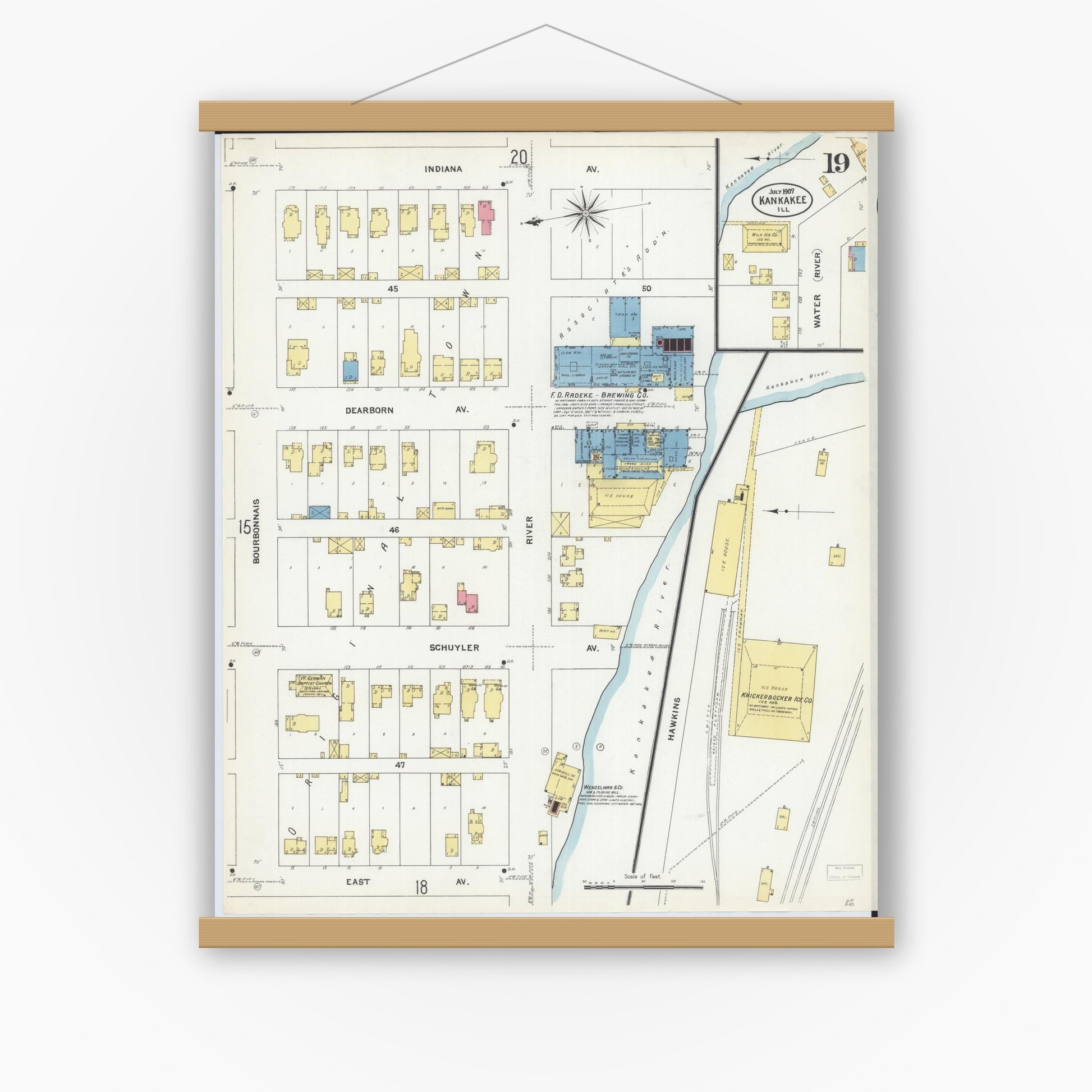 Old map wall art mockup — magnetic wood frame on white wall — Sanborn Fire Insurance Map from Kankakee, Kankakee County, Illinois (1907), Sheet #0019