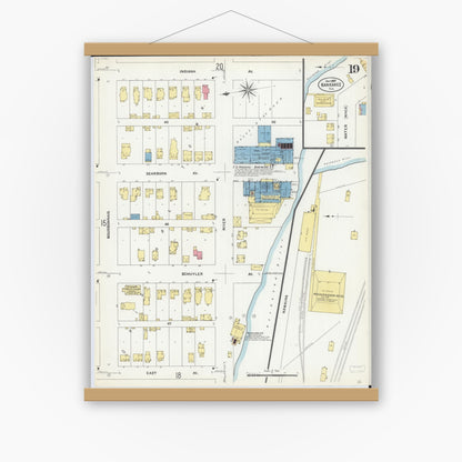 Old map wall art mockup — magnetic wood frame on white wall — Sanborn Fire Insurance Map from Kankakee, Kankakee County, Illinois (1907), Sheet #0019