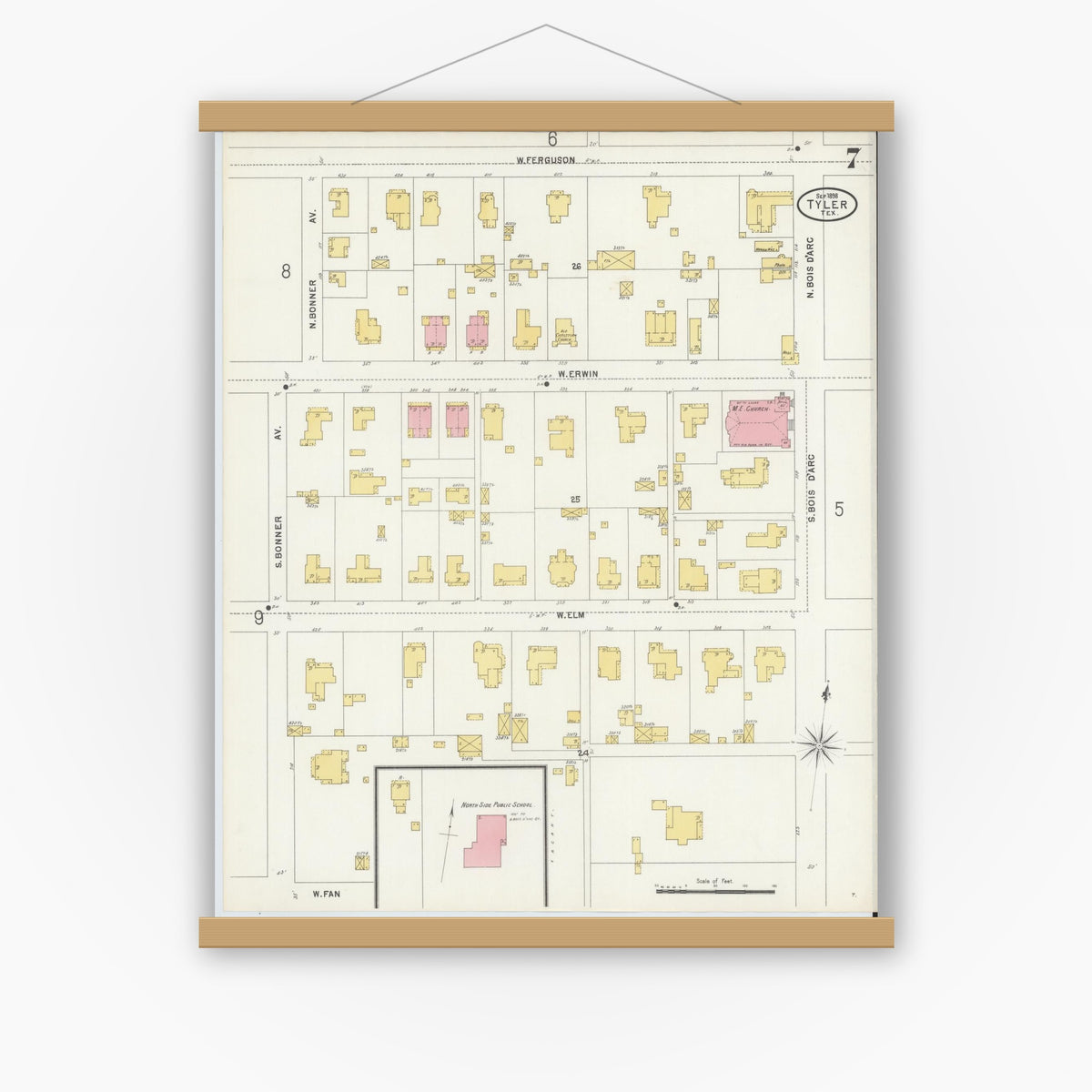 Old map wall art mockup — magnetic wood frame on white wall — Sanborn Fire Insurance Map from Tyler, Smith County, Texas (1898), Sheet #0007