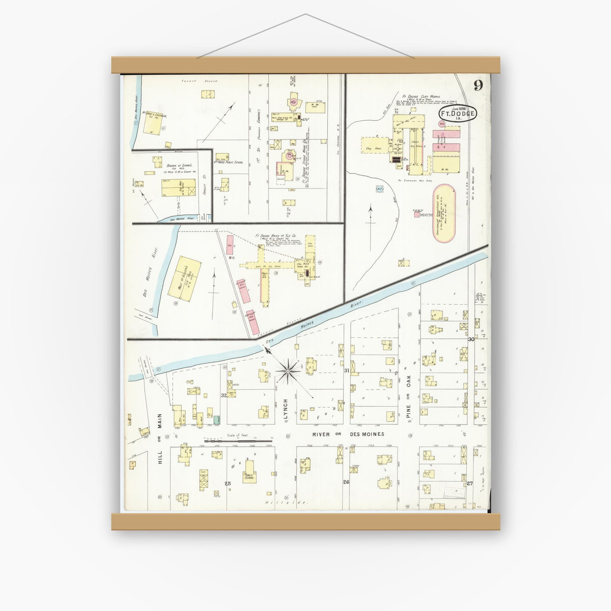 Old map wall art mockup — magnetic wood frame on white wall — Sanborn Fire Insurance Map from Fort Dodge, Webster County, Iowa (1896), Sheet #0009