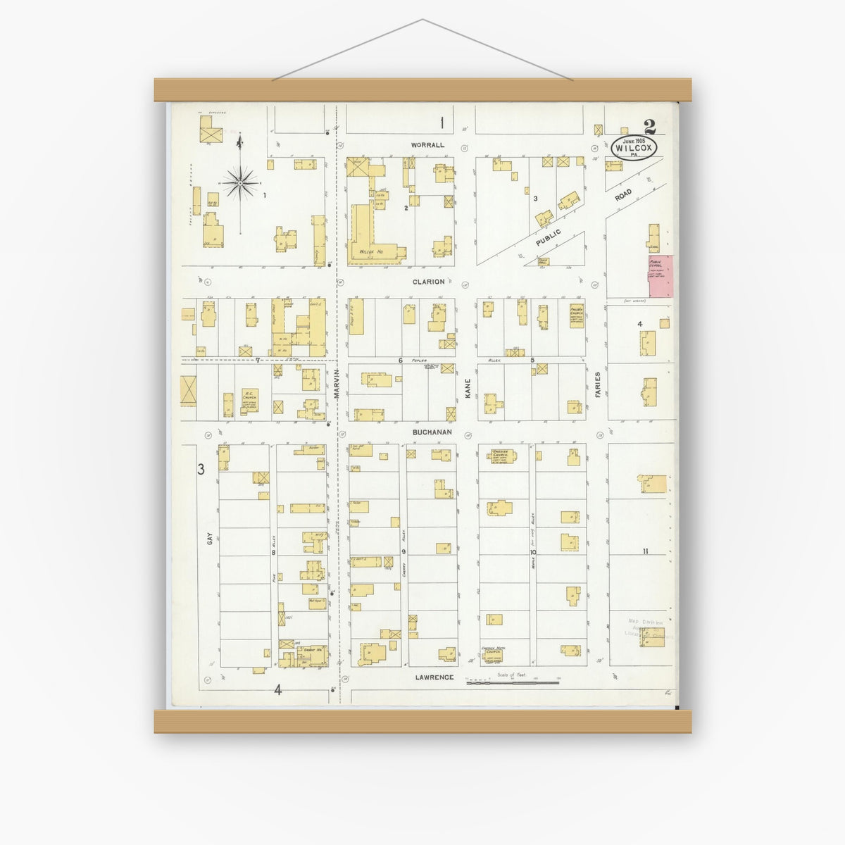 Old map wall art mockup — magnetic wood frame on white wall — Sanborn Fire Insurance Map from Wilcox, Elk County, Pennsylvania (1905), Sheet #0002