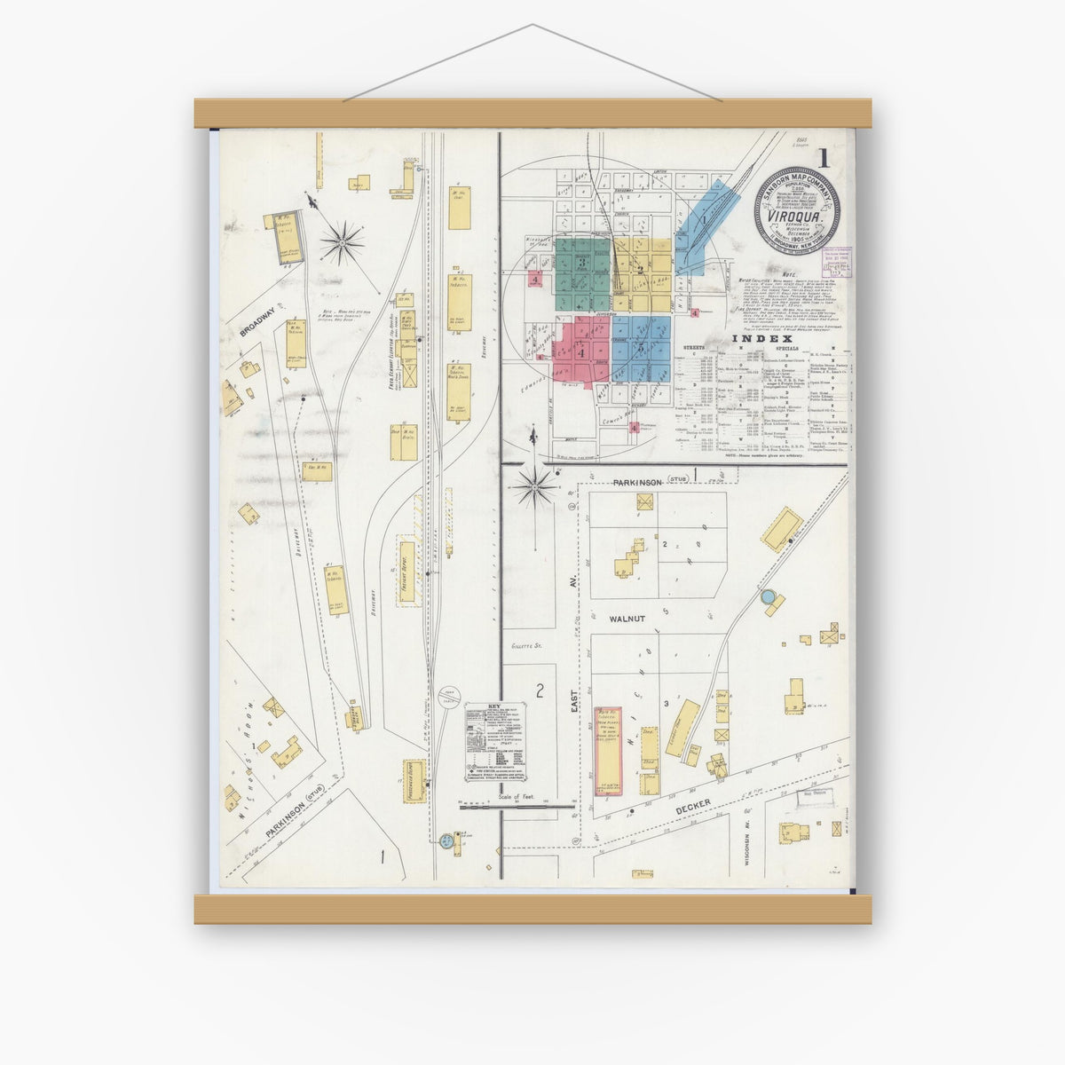 Old map wall art mockup — magnetic wood frame on white wall — Sanborn Fire Insurance Map from Viroqua, Vernon County, Wisconsin (1905), Sheet #0001