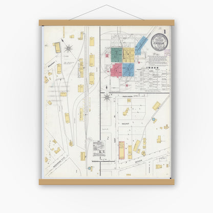 Old map wall art mockup — magnetic wood frame on white wall — Sanborn Fire Insurance Map from Viroqua, Vernon County, Wisconsin (1905), Sheet #0001