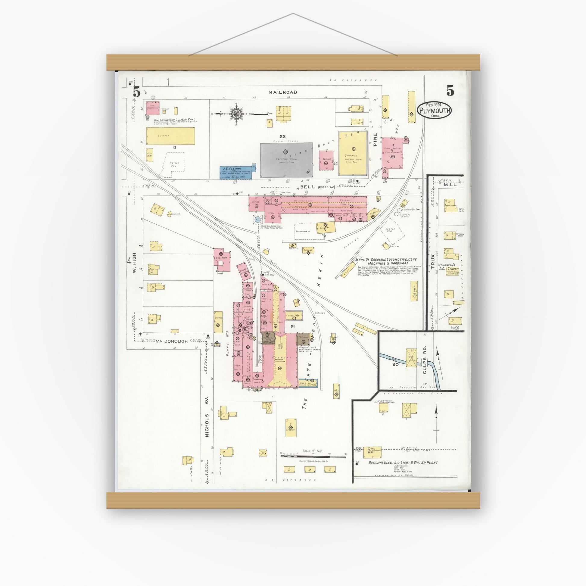 Old map wall art mockup — magnetic wood frame on white wall — Sanborn Fire Insurance Map from Plymouth, Huron And Richland Counties, Ohio (1924), Sheet #0005