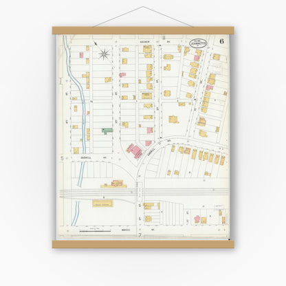 Old map wall art mockup — magnetic wood frame on white wall — Sanborn Fire Insurance Map from Jeannette, Westmoreland County, Pennsylvania (1900), Sheet #0006