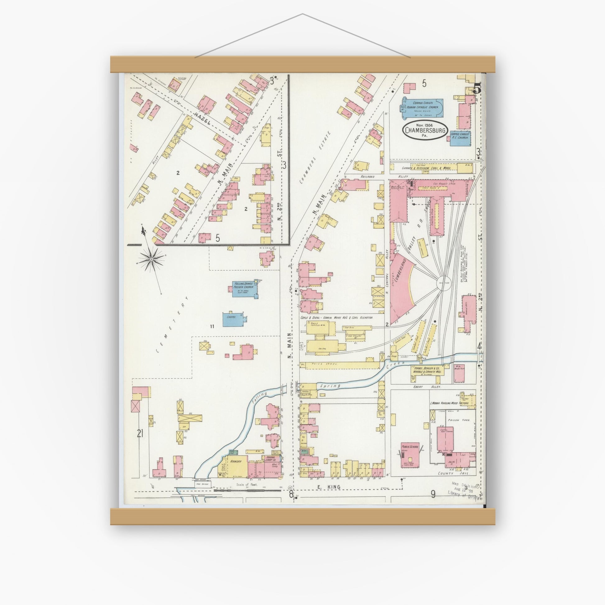 Old map wall art mockup — magnetic wood frame on white wall — Sanborn Fire Insurance Map from Chambersburg, Franklin County, Pennsylvania (1904), Sheet #0005