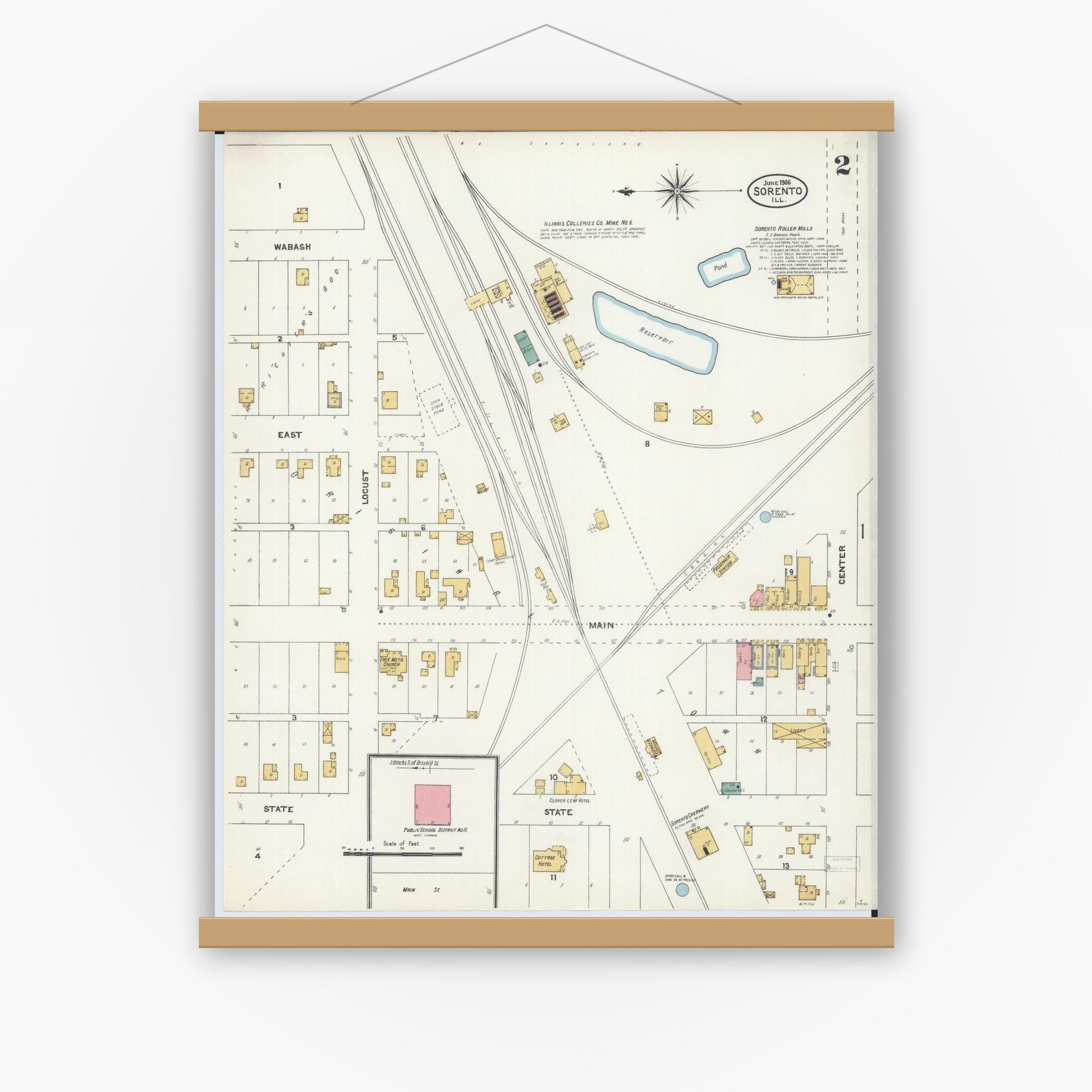 Old map wall art mockup — magnetic wood frame on white wall — Sanborn Fire Insurance Map from Sorento, Bond County, Illinois (1906), Sheet #0002