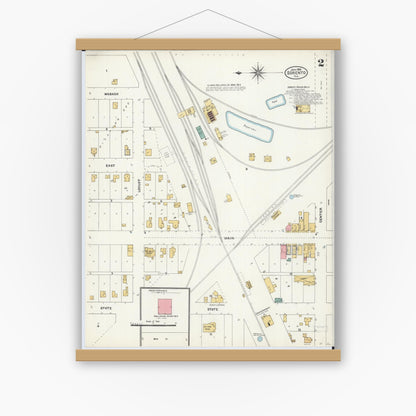 Old map wall art mockup — magnetic wood frame on white wall — Sanborn Fire Insurance Map from Sorento, Bond County, Illinois (1906), Sheet #0002