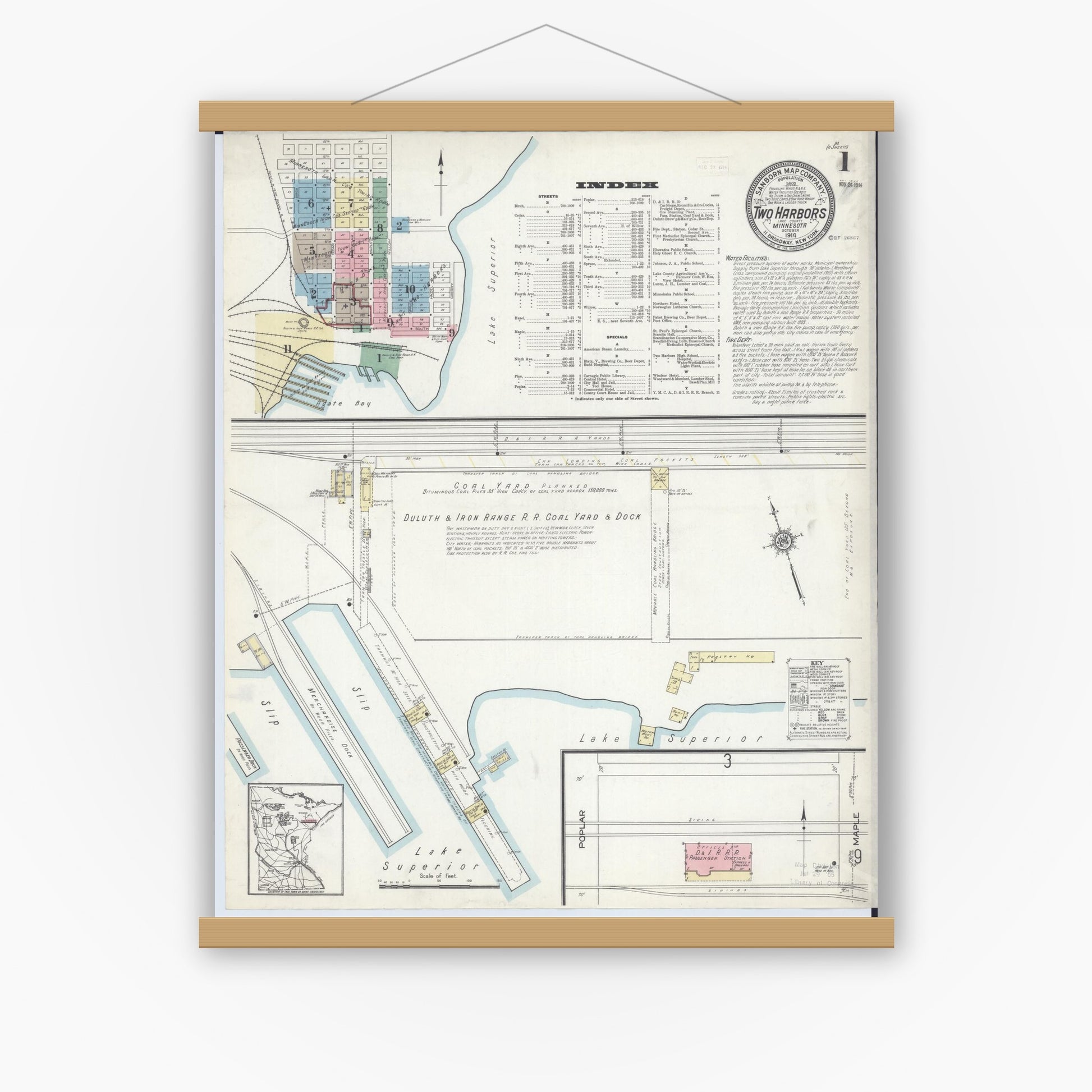 Old map wall art mockup — magnetic wood frame on white wall — Sanborn Fire Insurance Map from Two Harbors, Lake County, Minnesota (1914) - Complete Map Set