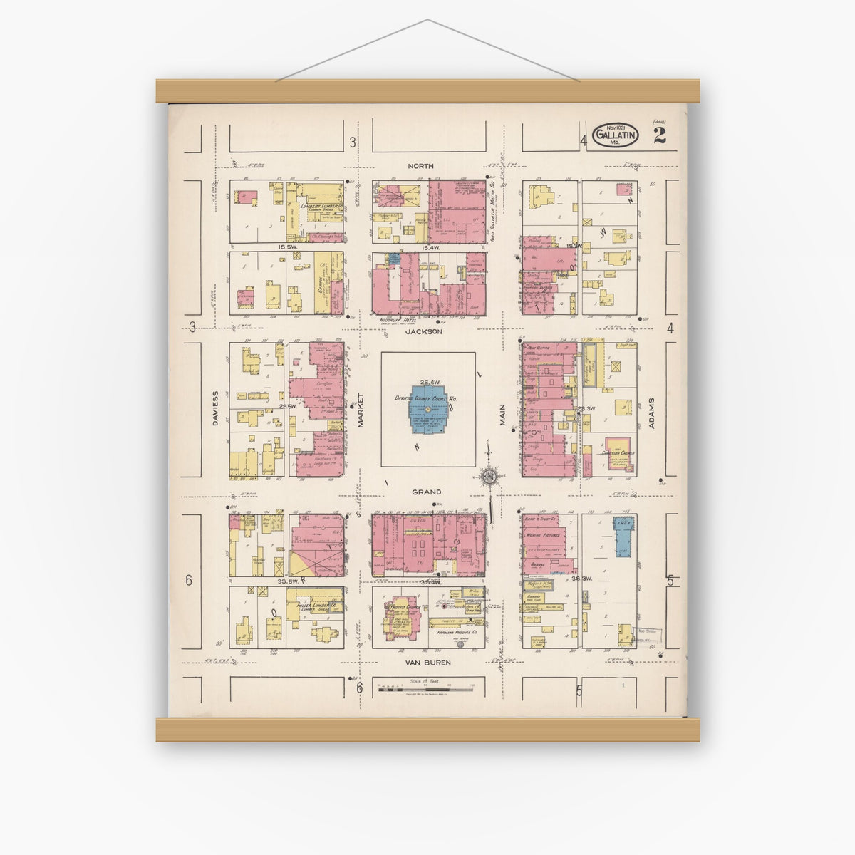 Old map wall art mockup — magnetic wood frame on white wall — Sanborn Fire Insurance Map from Gallatin, Daviess County, Missouri (1921), Sheet #0002