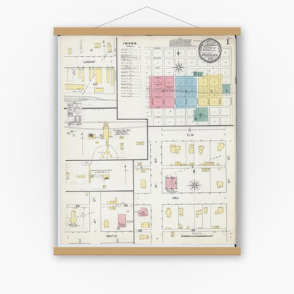 Old map wall art mockup — magnetic wood frame on white wall — Sanborn Fire Insurance Map from Fairbury, Livingston County, Illinois (1892) - Complete Map Set
