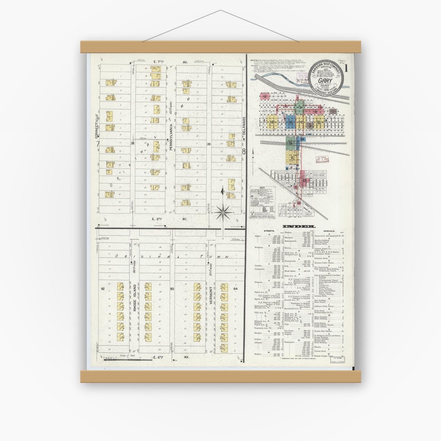 Old map wall art mockup — magnetic wood frame on white wall — Sanborn Fire Insurance Map from Gary, Lake County, Indiana (1908), Sheet #0001