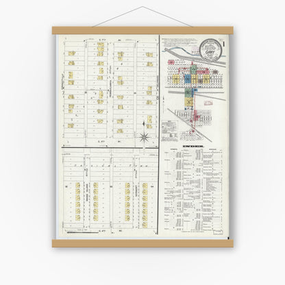 Old map wall art mockup — magnetic wood frame on white wall — Sanborn Fire Insurance Map from Gary, Lake County, Indiana (1908), Sheet #0001