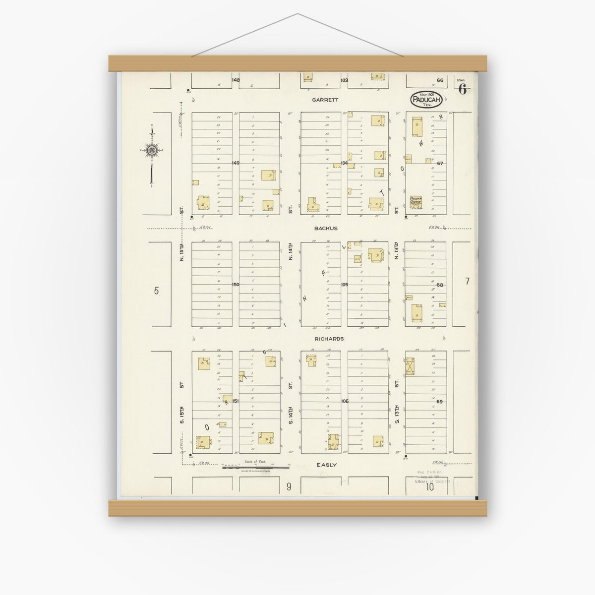 Old map wall art mockup — magnetic wood frame on white wall — Sanborn Fire Insurance Map from Paducah, Cottle County, Texas (1921), Sheet #0006