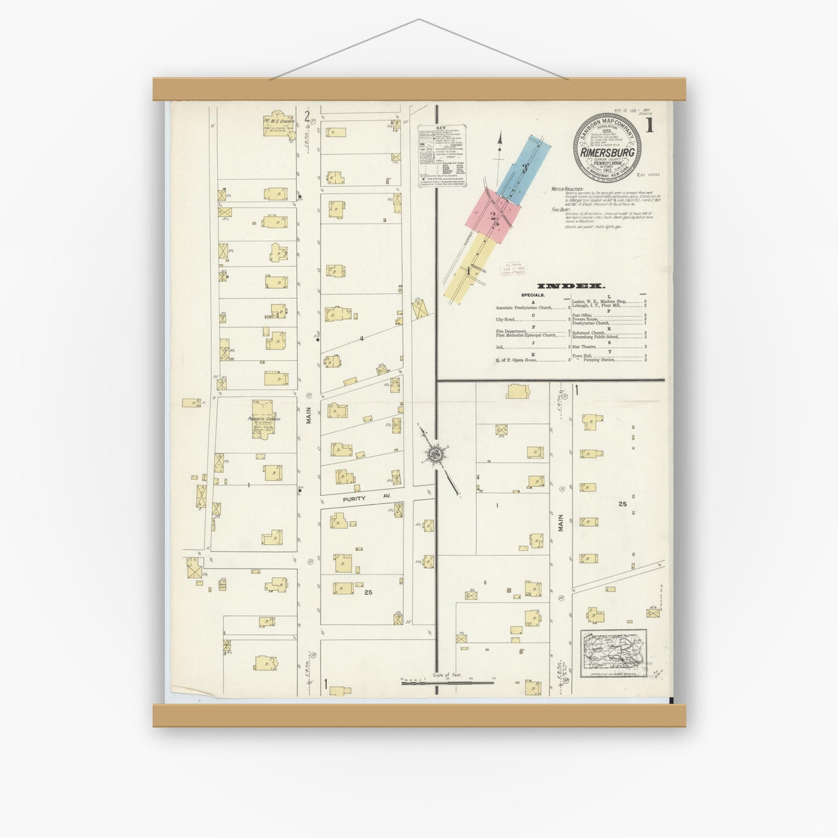 Old map wall art mockup — magnetic wood frame on white wall — Sanborn Fire Insurance Map from Rimersburg, Clarion County, Pennsylvania (1912) - Complete Map Set