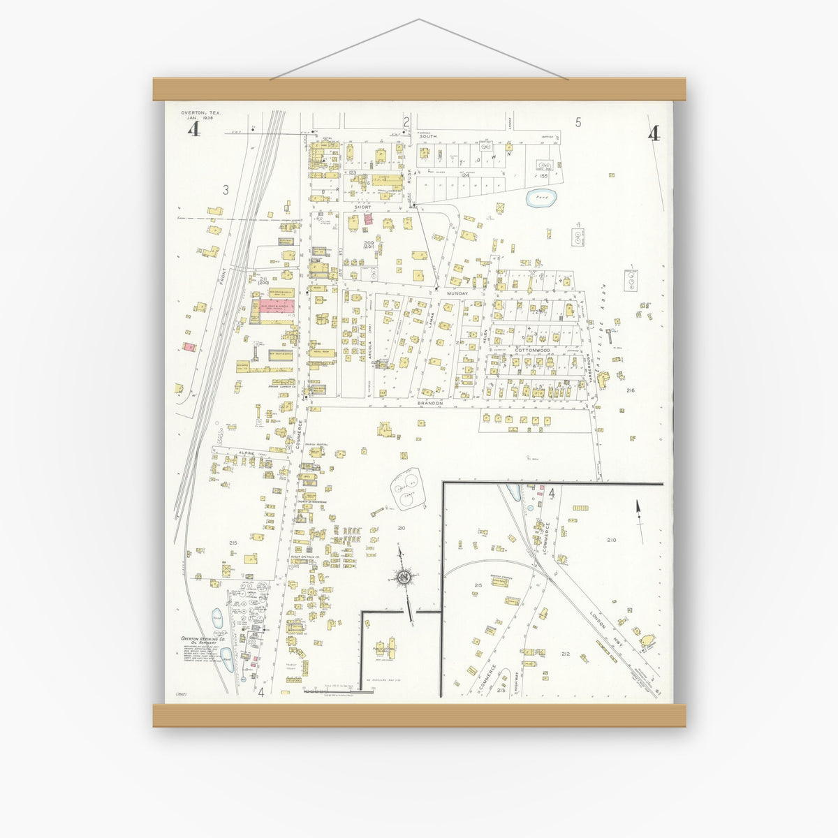 Old map wall art mockup — magnetic wood frame on white wall — Sanborn Fire Insurance Map from Overton, Rusk County, Texas (1936), Sheet #0004