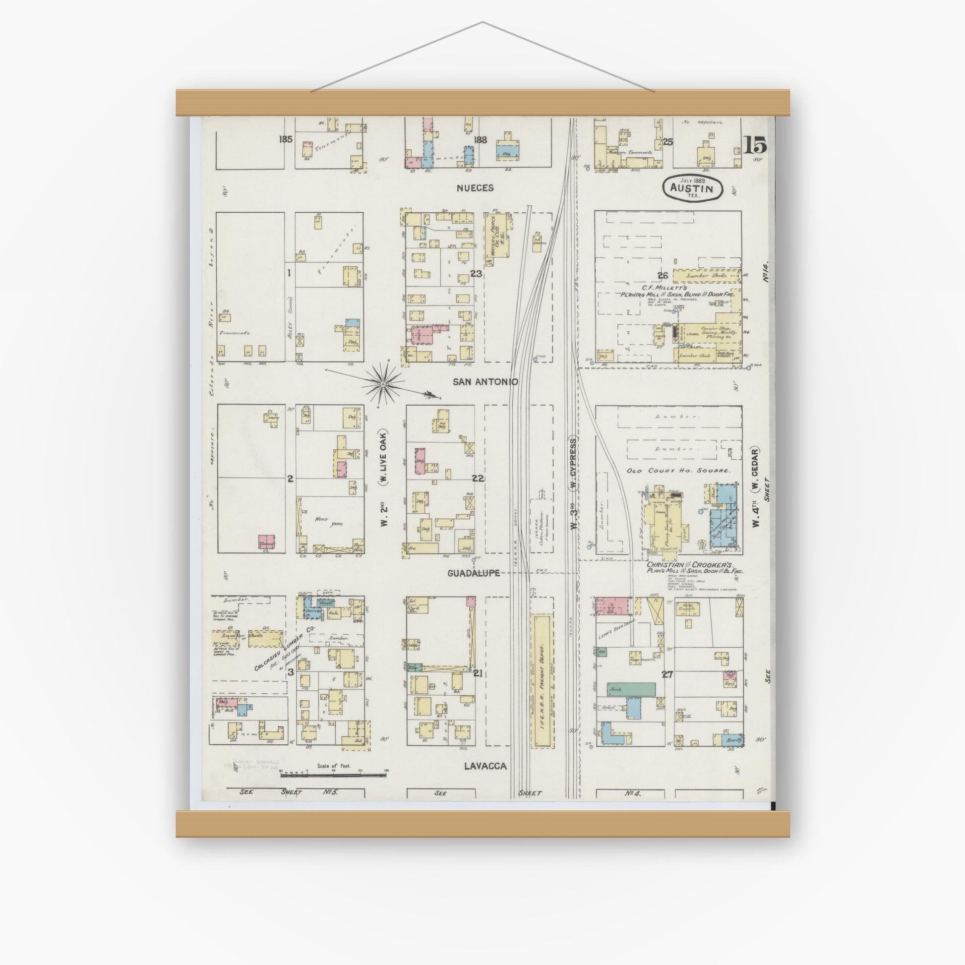 Old map wall art mockup — magnetic wood frame on white wall — Sanborn Fire Insurance Map from Austin, Travis County, Texas (1889), Sheet #0015