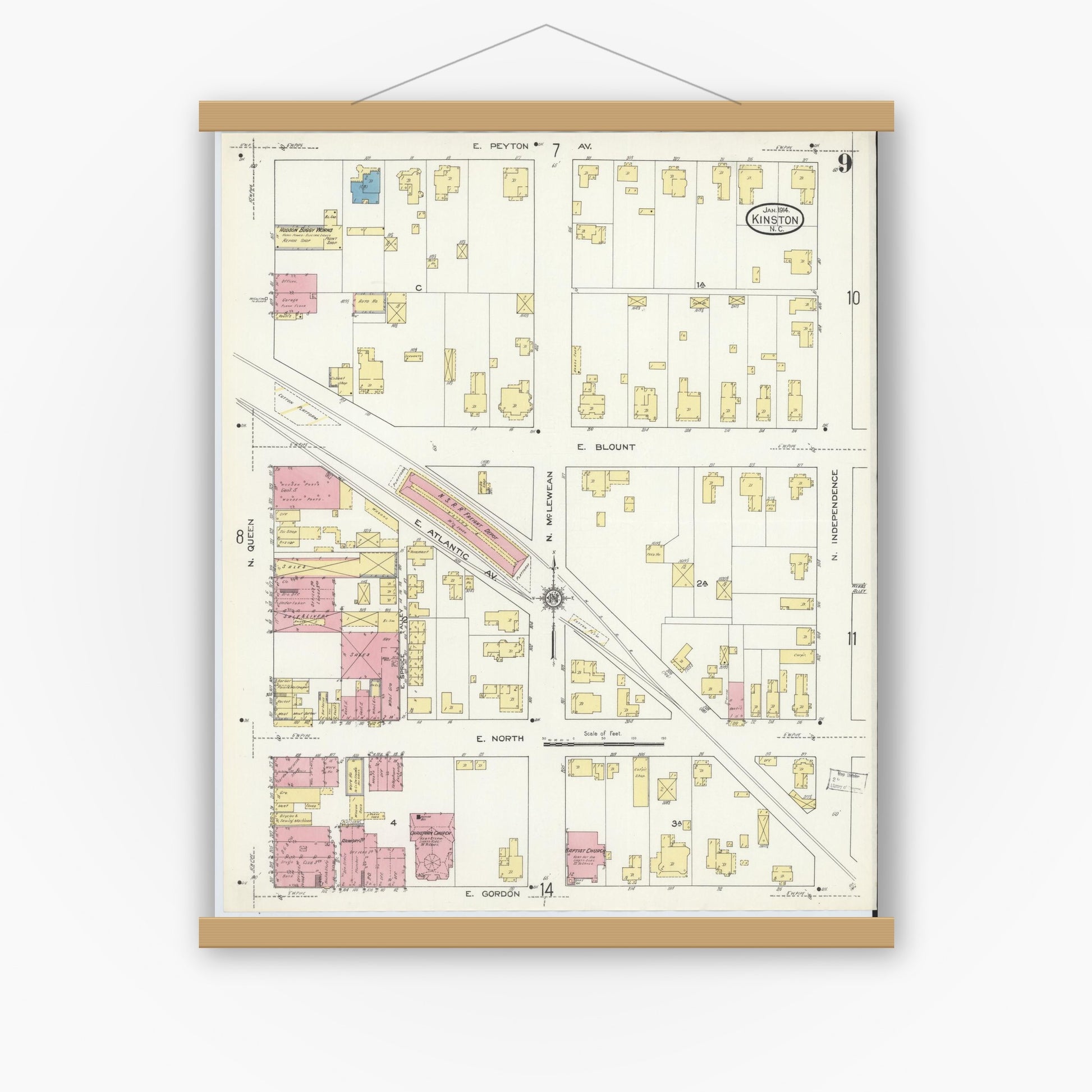 Old map wall art mockup — magnetic wood frame on white wall — Sanborn Fire Insurance Map from Kinston, Lenoir County, North Carolina (1914), Sheet #0009