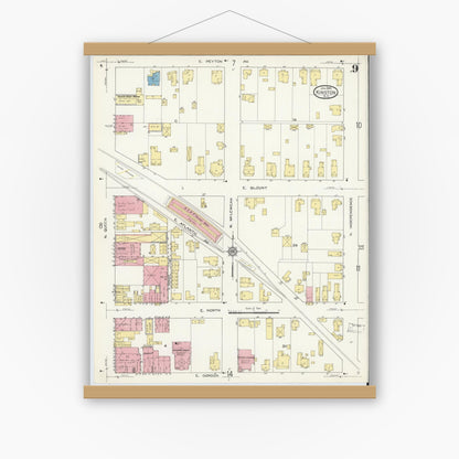 Old map wall art mockup — magnetic wood frame on white wall — Sanborn Fire Insurance Map from Kinston, Lenoir County, North Carolina (1914), Sheet #0009