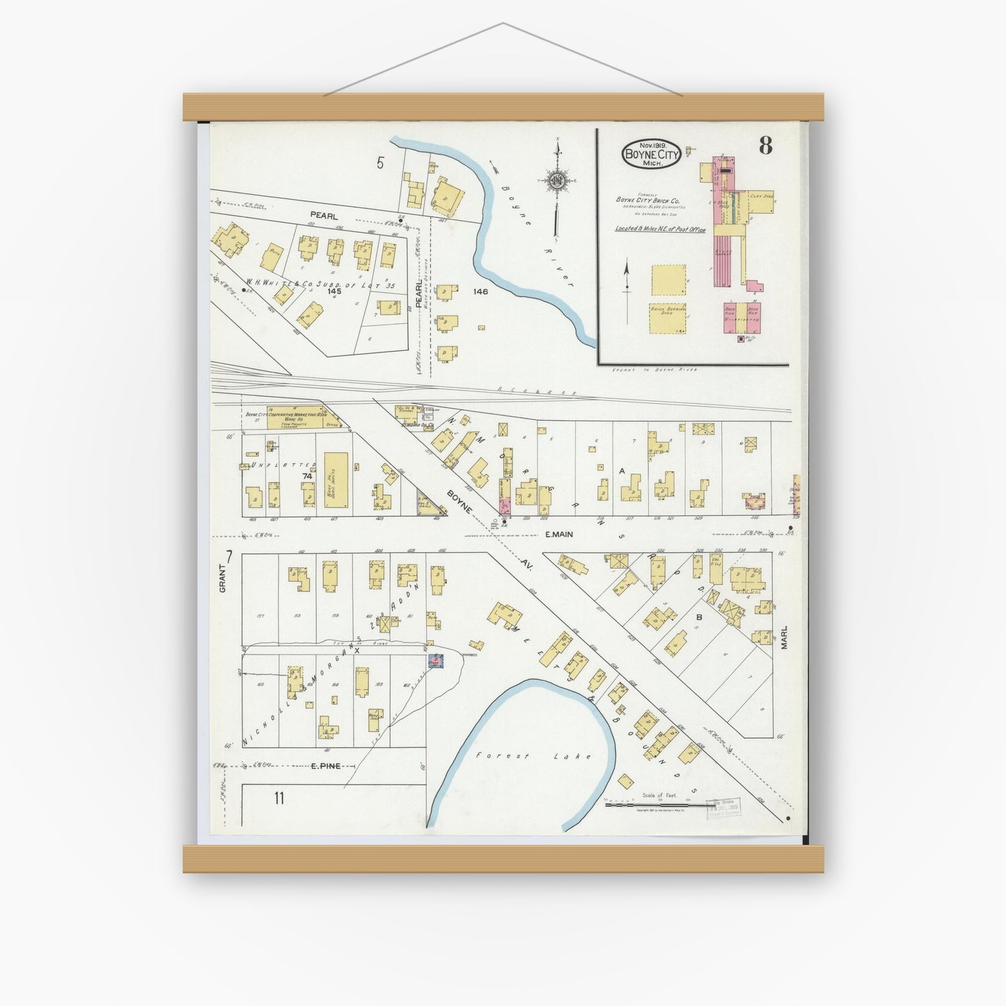 Old map wall art mockup — magnetic wood frame on white wall — Sanborn Fire Insurance Map from Boyne City, Charlevoix County, Michigan (1919), Sheet #0008