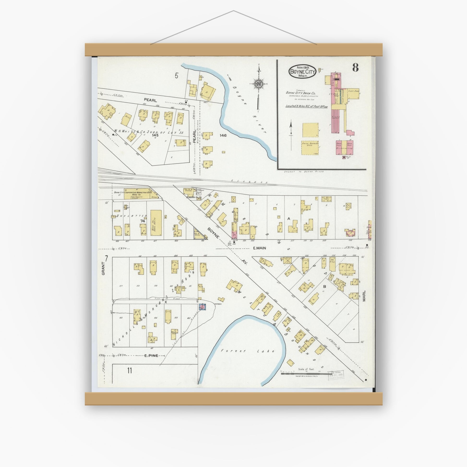 Old map wall art mockup — magnetic wood frame on white wall — Sanborn Fire Insurance Map from Boyne City, Charlevoix County, Michigan (1919), Sheet #0008