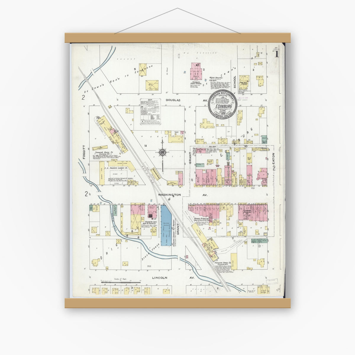 Old map wall art mockup — magnetic wood frame on white wall — Sanborn Fire Insurance Map from Edinburgh, Christian County, Illinois (1909) - Complete Map Set