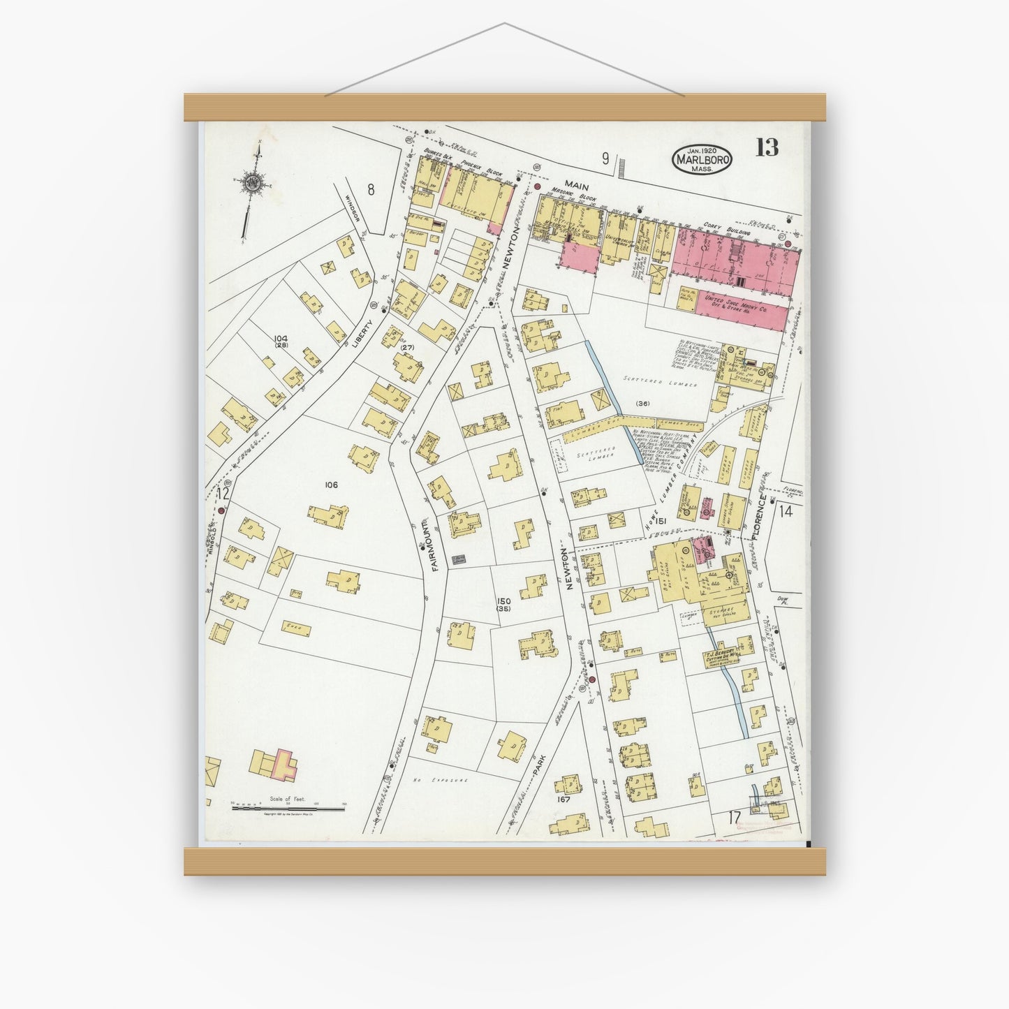 Old map wall art mockup — magnetic wood frame on white wall — Sanborn Fire Insurance Map from Marlborough, Middlesex County, Massachusetts (1920), Sheet #0013