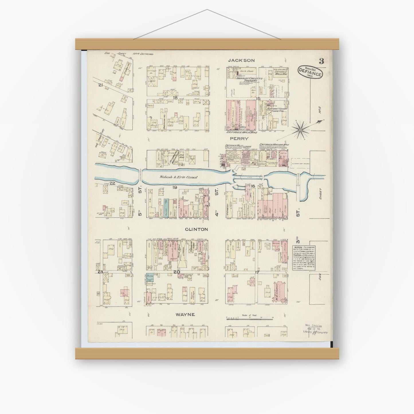 Old map wall art mockup — magnetic wood frame on white wall — Sanborn Fire Insurance Map from Defiance, Defiance County, Ohio (1884), Sheet #0003