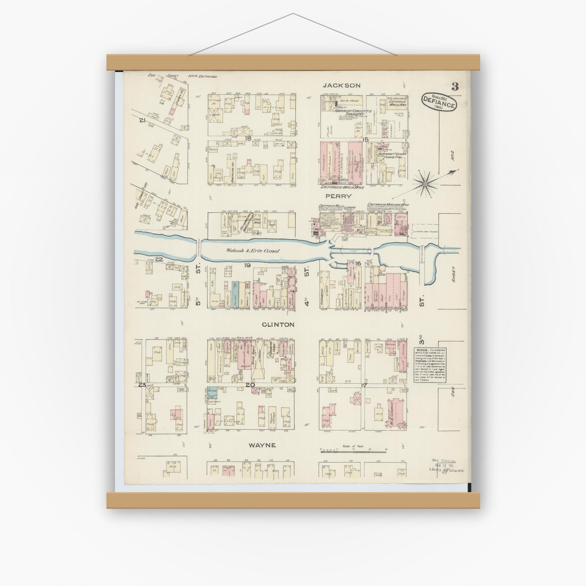Old map wall art mockup — magnetic wood frame on white wall — Sanborn Fire Insurance Map from Defiance, Defiance County, Ohio (1884), Sheet #0003