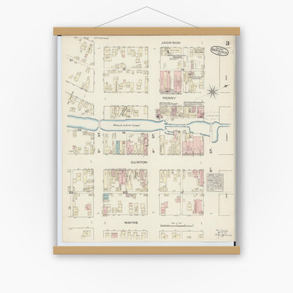 Old map wall art mockup — magnetic wood frame on white wall — Sanborn Fire Insurance Map from Defiance, Defiance County, Ohio (1884), Sheet #0003