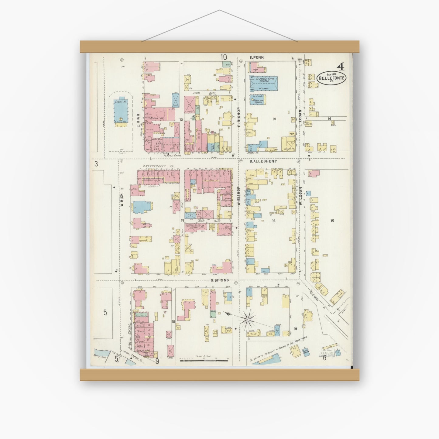 Old map wall art mockup — magnetic wood frame on white wall — Sanborn Fire Insurance Map from Bellefonte, Centre County, Pennsylvania (1897), Sheet #0004