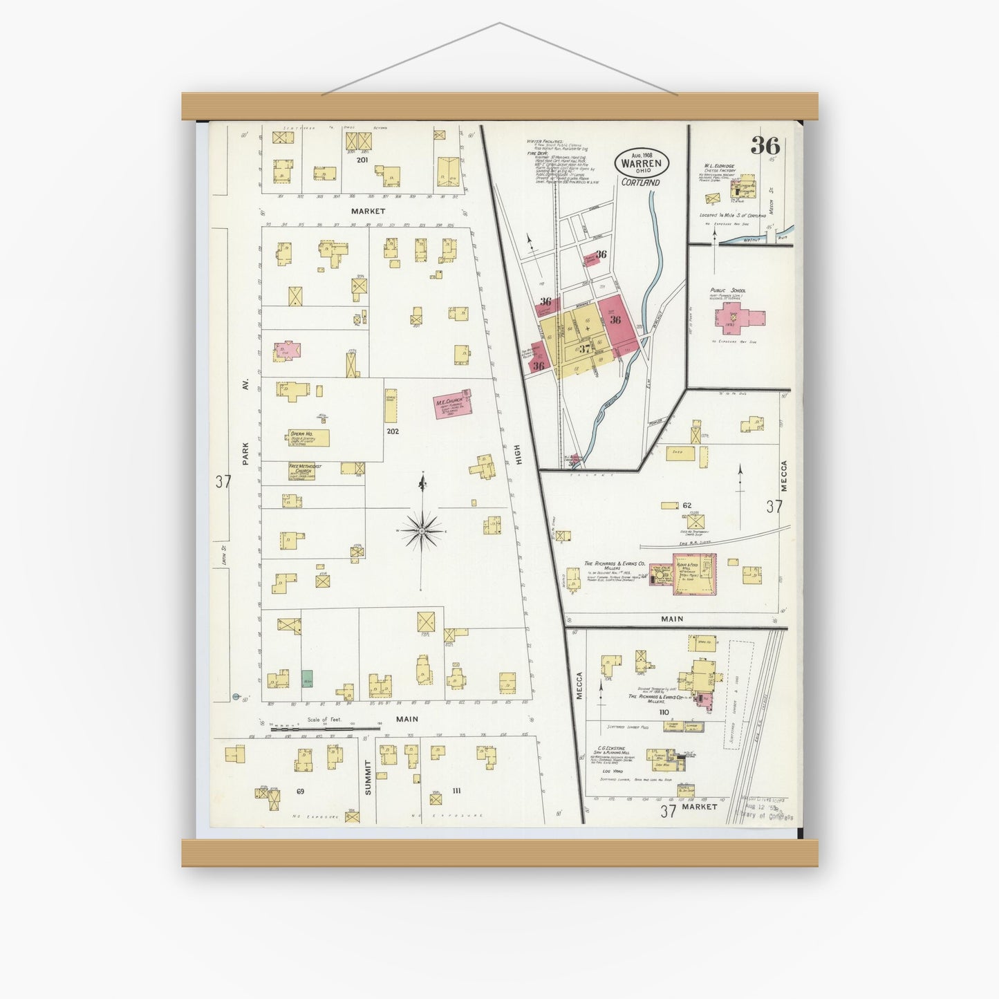Old map wall art mockup — magnetic wood frame on white wall — Sanborn Fire Insurance Map from Warren, Trumbull County, Ohio (1908), Sheet #0036