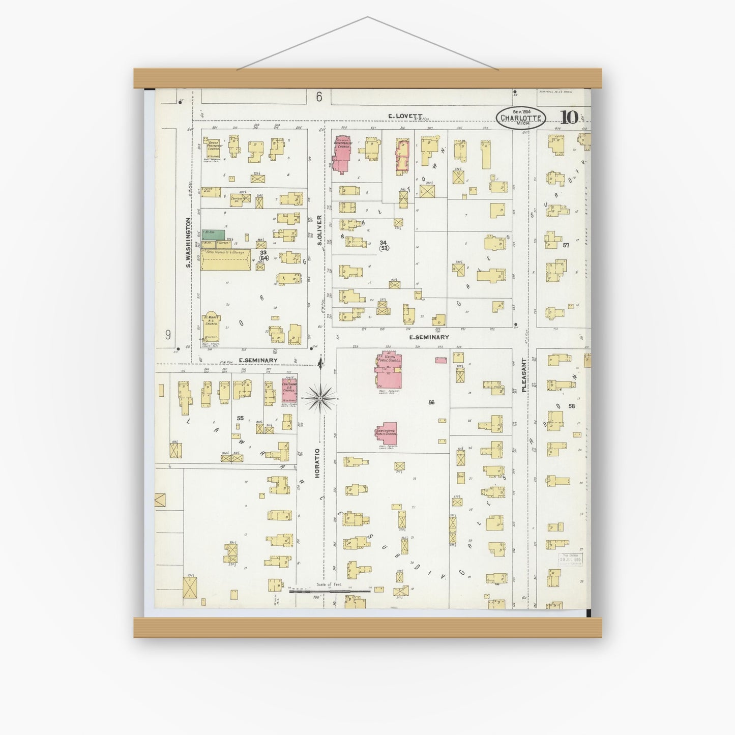 Old map wall art mockup — magnetic wood frame on white wall — Sanborn Fire Insurance Map from Charlotte, Eaton County, Michigan (1904), Sheet #0010