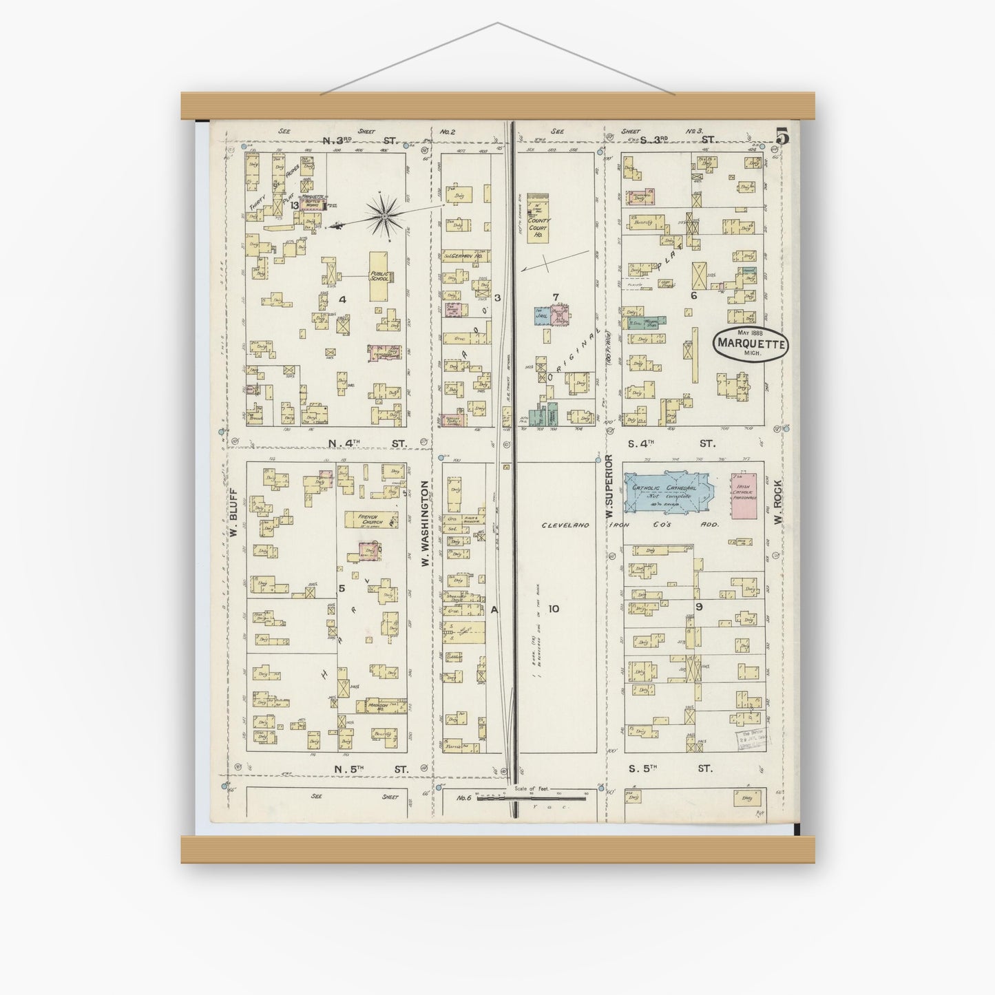 Old map wall art mockup — magnetic wood frame on white wall — Sanborn Fire Insurance Map from Marquette, Marquette County, Michigan (1888), Sheet #0005