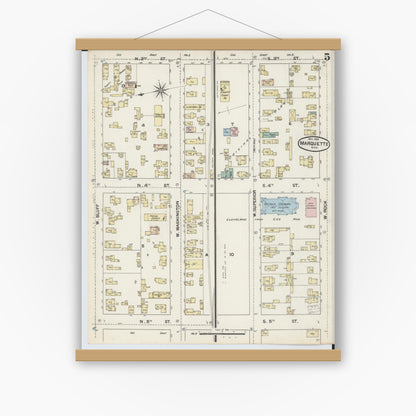 Old map wall art mockup — magnetic wood frame on white wall — Sanborn Fire Insurance Map from Marquette, Marquette County, Michigan (1888), Sheet #0005