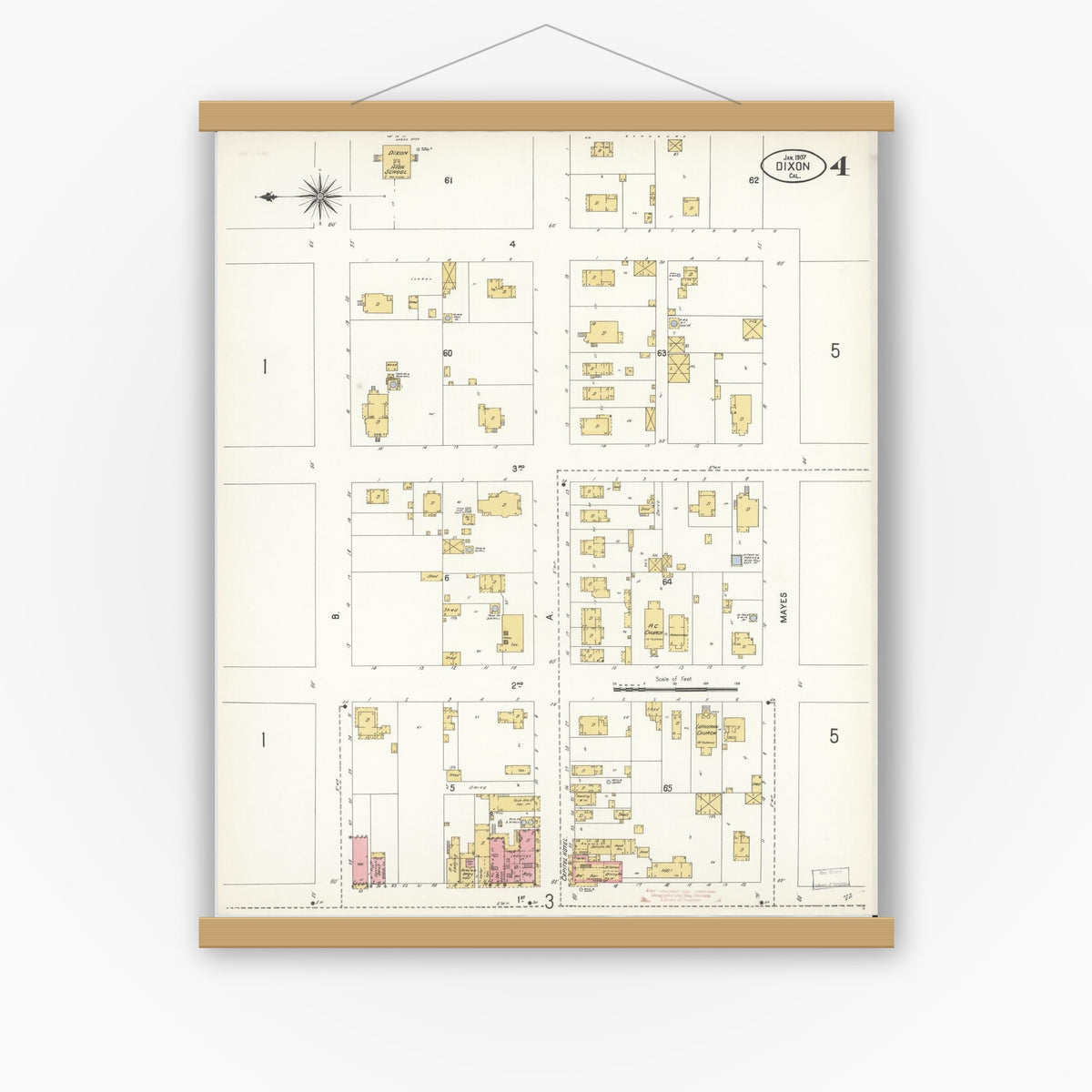 Old map wall art mockup — magnetic wood frame on white wall — Sanborn Fire Insurance Map from Dixon, Solano County, California (1907), Sheet #0004
