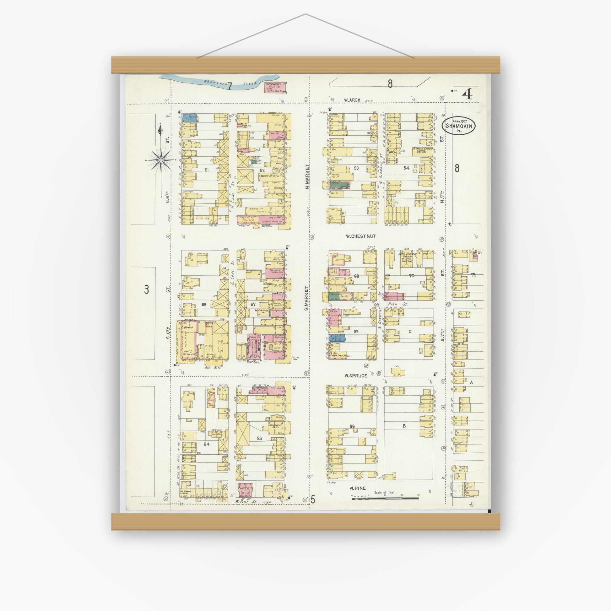 Old map wall art mockup — magnetic wood frame on white wall — Sanborn Fire Insurance Map from Shamokin, Northumberland County, Pennsylvania (1907), Sheet #0004
