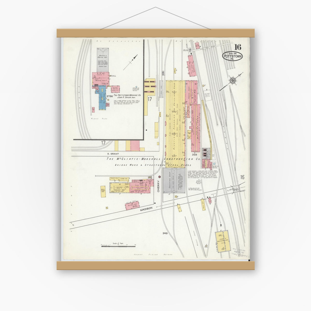 Old map wall art mockup — magnetic wood frame on white wall — Sanborn Fire Insurance Map from Pottstown, Montgomery County, Pennsylvania (1916), Sheet #0016