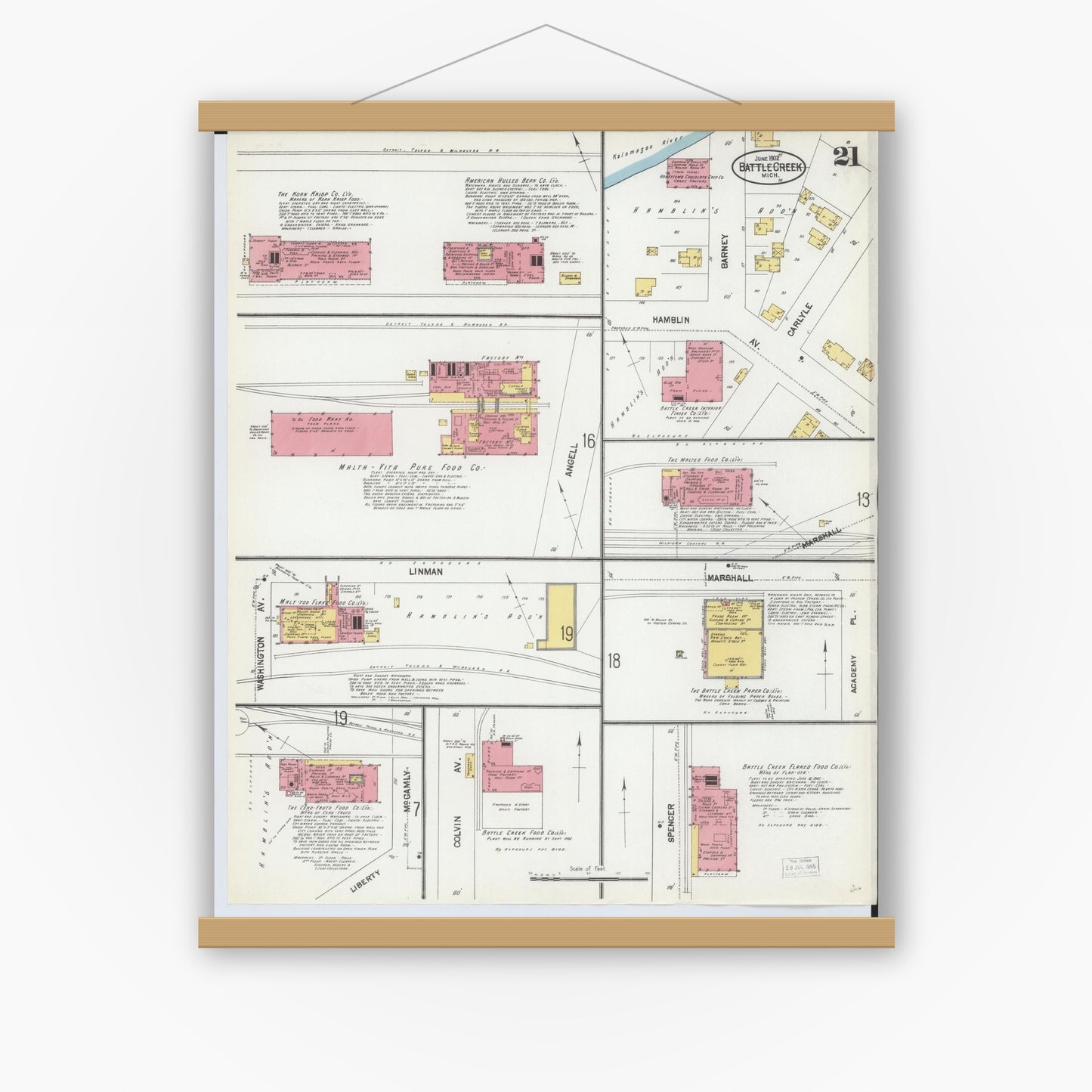 Old map wall art mockup — magnetic wood frame on white wall — Sanborn Fire Insurance Map from Battle Creek, Calhoun County, Michigan (1902), Sheet #0021