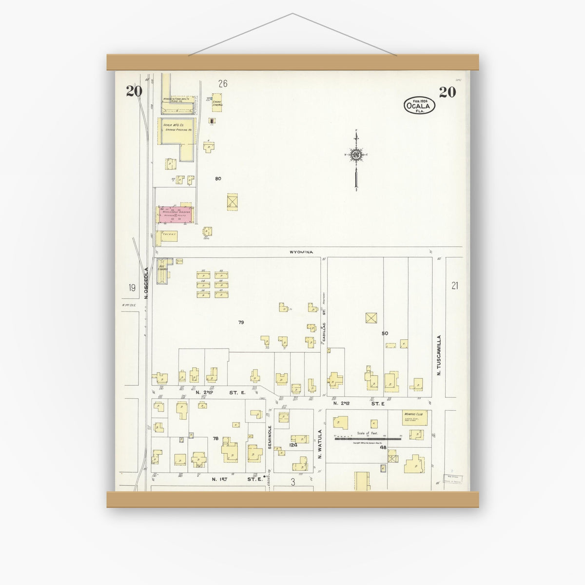 Old map wall art mockup — magnetic wood frame on white wall — Sanborn Fire Insurance Map from Ocala, Marion County, Florida (1924), Sheet #0020